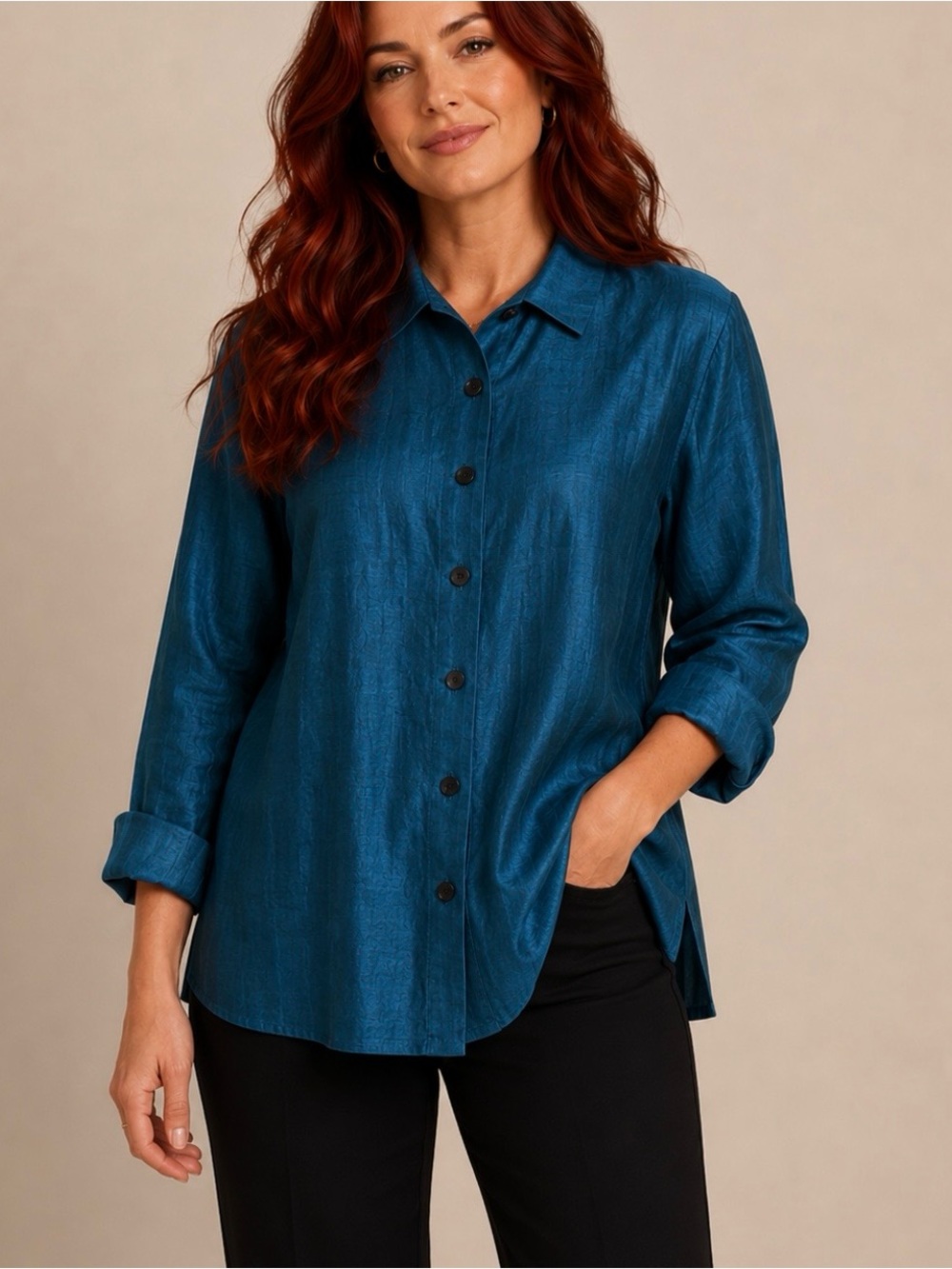 Vintage Dana Buchman Made in Italy Blue Iridescent Linen Button-Up Jacket/Tunic